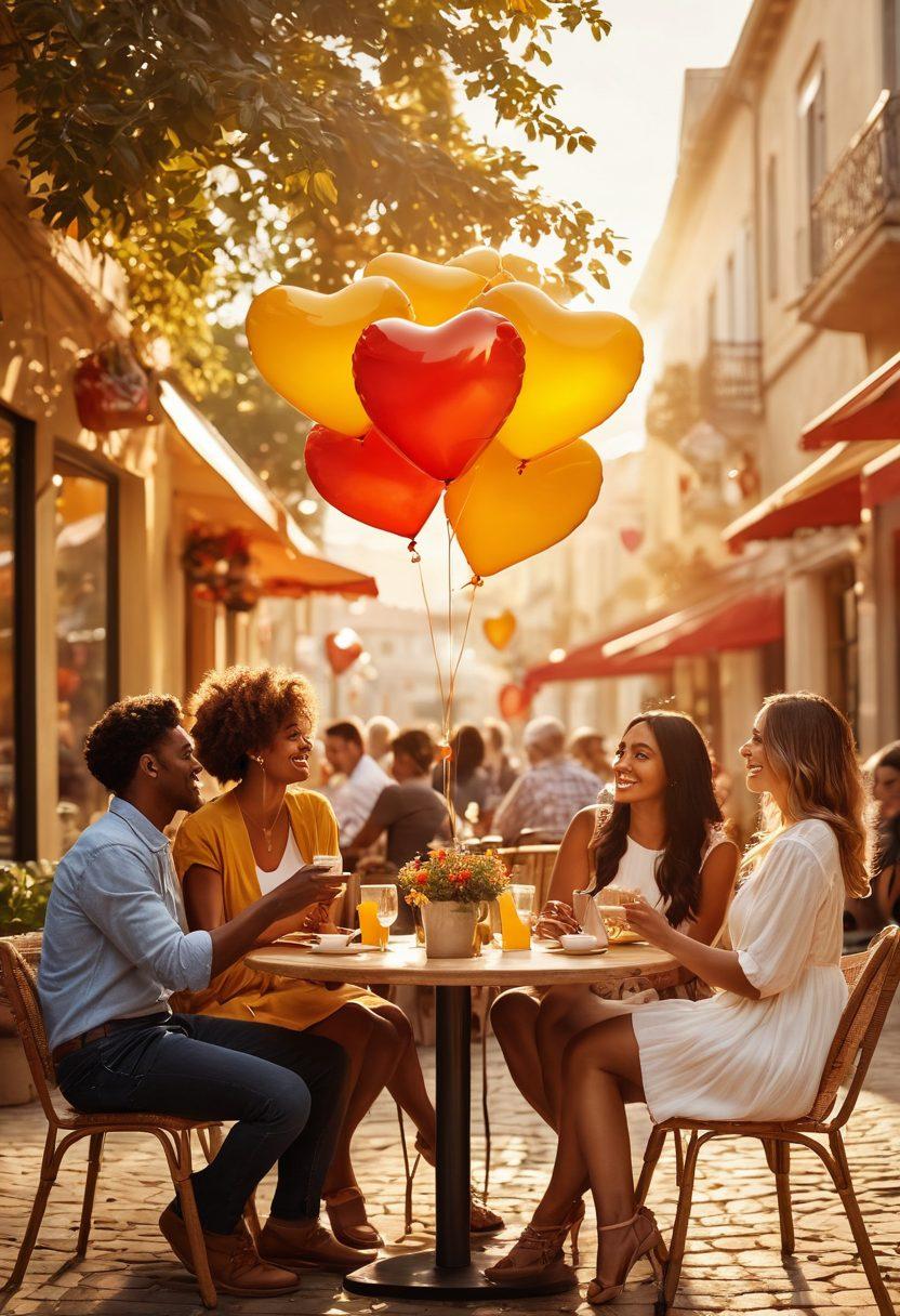 A captivating scene of a diverse group of people at a lively outdoor café, radiating charm and connection, engaged in conversation. Include elements like heart-shaped balloons, flirty body language, and warm sunlight casting a golden glow, symbolizing love and attraction. Ensure joyful expressions dominate their faces to evoke positivity. super-realistic. vibrant colors. warm background.