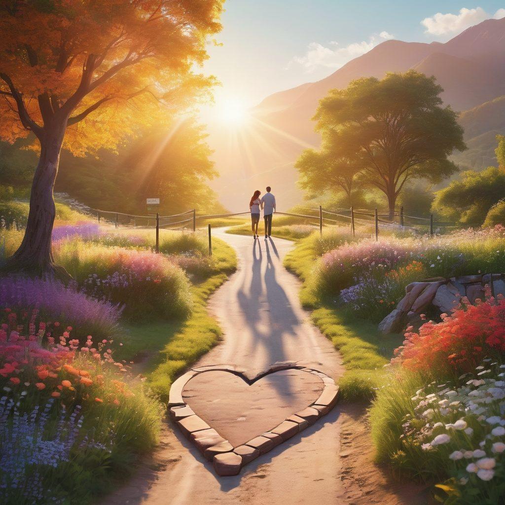 A vibrant roadmap winding through a picturesque landscape, symbolizing love and compatibility, with heart-shaped signposts indicating various soulmates connections. Include diverse couples holding hands and sharing joyful moments along the path. Surround the scene with blooming flowers and a bright sun to evoke warmth and passion. lush greenery and soft pastel colors. super-realistic. vibrant colors.